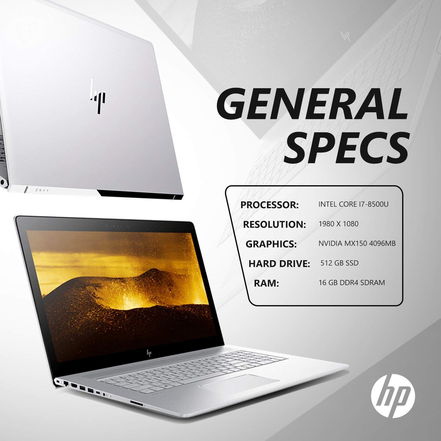 HP Envy 17T Touch Intel Core i7-8550U Quad Core, 512GB SSD, 16GB RAM, Win 10 Pro HP Installed, 17.3 FHD touch, Nvidia 4GB DDR5,B&O speakers, Mcafee 3 Years Internet Security, WideVision HD Cam(not IR)