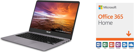 ASUS ZenBook Ultra-Slim Laptop - 14” FHD IPS WideView Display, Intel Core i7-8550U CPU, 8GB DDR4, 128GB SSD + 1TB HDD, Windows 10, Backlit keyboard, 3.1lbs, Quartz Grey - UX410UA-AS74 with Microsoft Office 365 Home