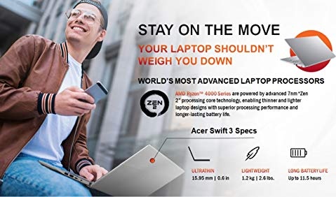 Acer Swift 3 Thin & Light Laptop, 14" Full HD IPS, AMD Ryzen 7 4700U Octa-Core Processor with Radeon Graphics, 8GB LPDDR4, 512GB NVMe SSD, WiFi 6, Backlit Keyboard, Fingerprint Reader, SF314-42-R9YN