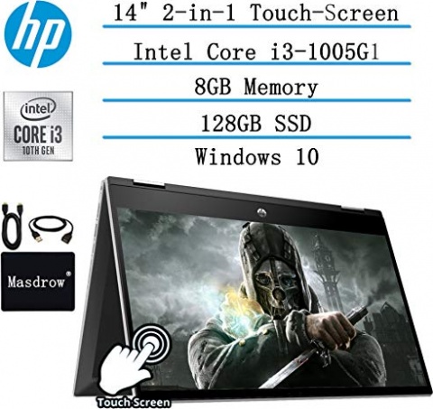 HP Pavilion x360 2in1 Convertible 14" HD Touchscreen Laptop, 10th Gen Intel Core i3-1005G1, 8GB RAM, 128GB SSD, Webcam, HDMI, Windows 10, w/Masdrow Accessories