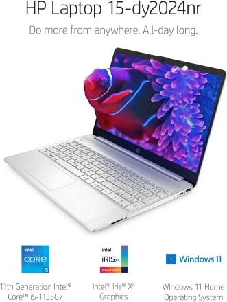 HP 15-inch Laptop, 11th Generation Intel Core i5-1135G7, Intel Iris Xe Graphics, 8 GB RAM, 256 GB SSD, Windows 11 Home (15-dy2024nr, Natural silver)